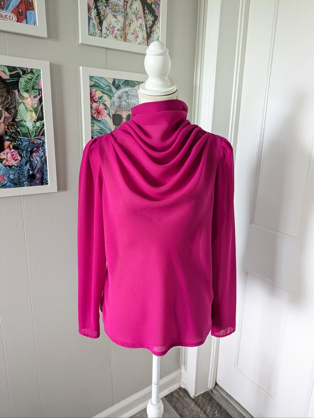 Vintage David Matthew Magenta‎ Cowl Neck Blouse Draped Elegant Career Party Top